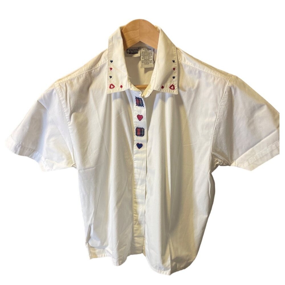 Capacity White Short Sleeved Embroidered Cotton Blouse Top Sz MP